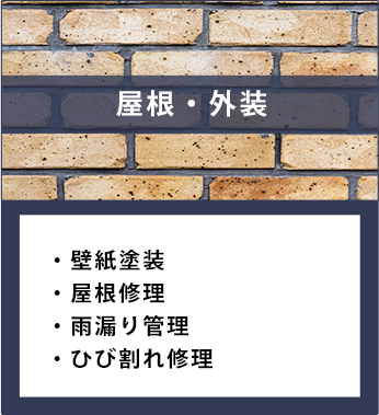 屋根・外装。壁紙塗装、屋根修理、雨漏管理、ひび割れ修理